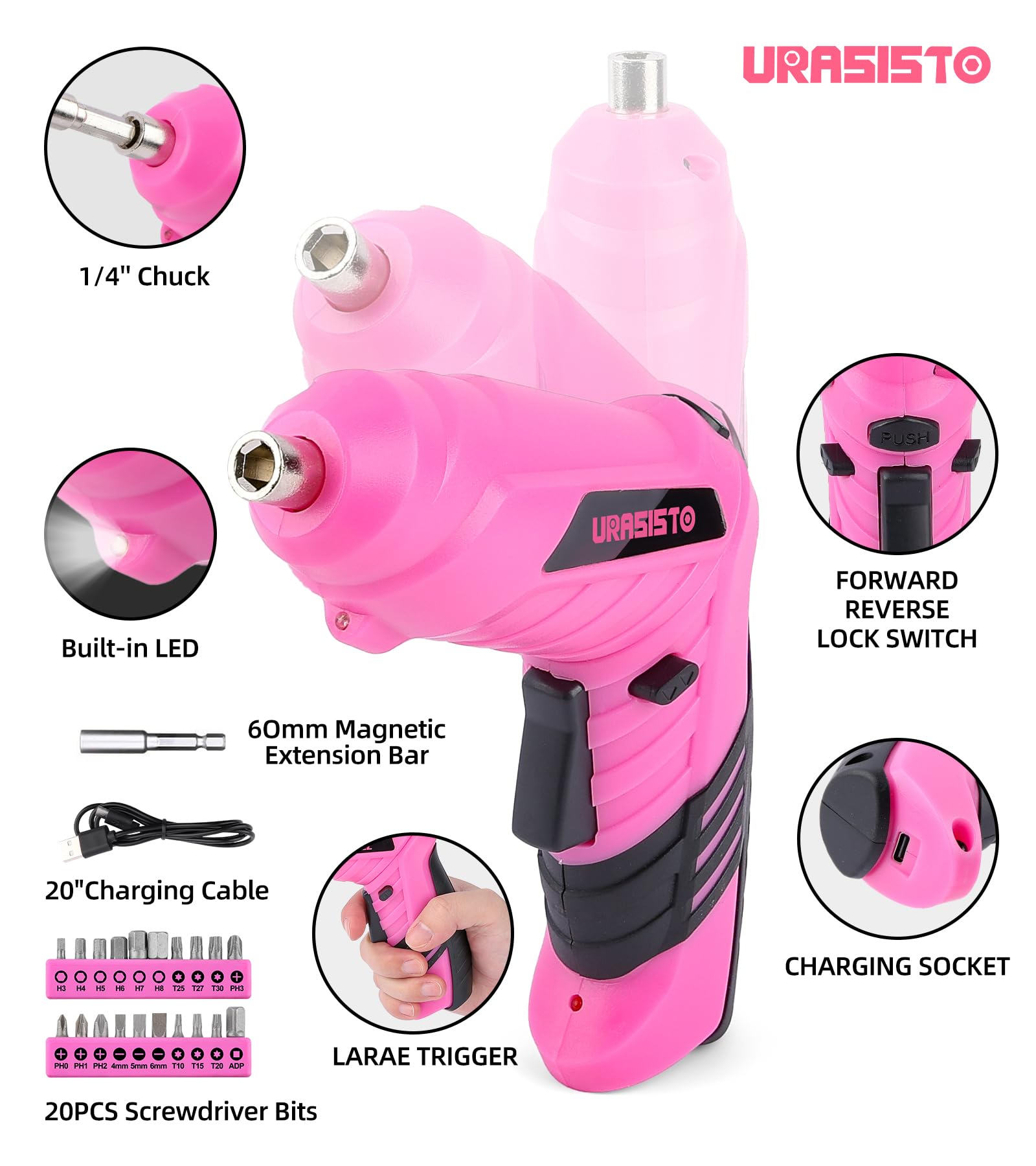 Pink Household Tool Set with 3.6V USB Electric Screwdriver, 136 PCS Home Tool Kit with Cordless Lithium-ion Drill Driver, Hand Tool Kits for Women