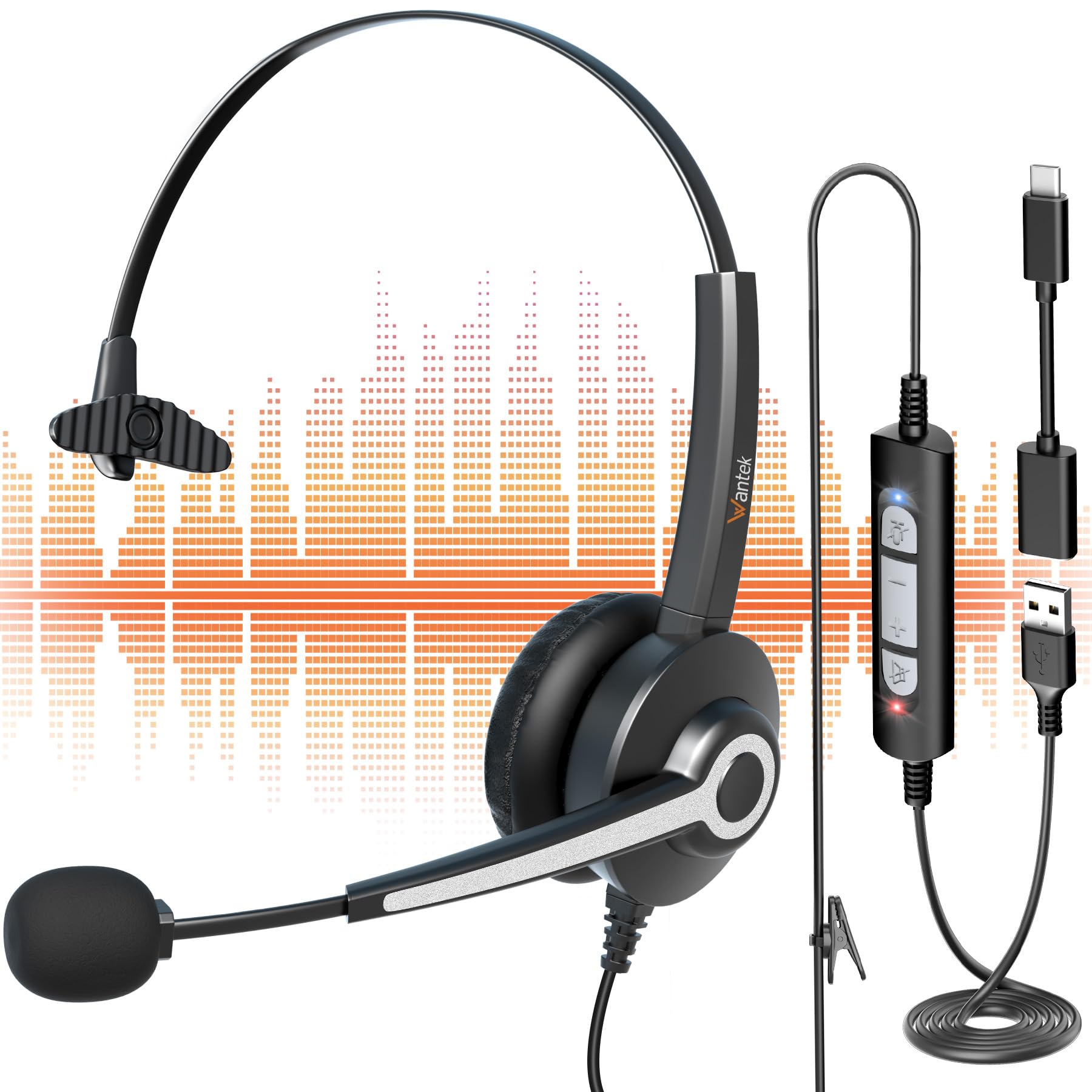 Wantek USB Headset with Microphone for Laptop,USB Type-C Jack Computer Headsets with Adjustable Noise Cancelling Mic for Laptop Call Center Office Skype Online Chat