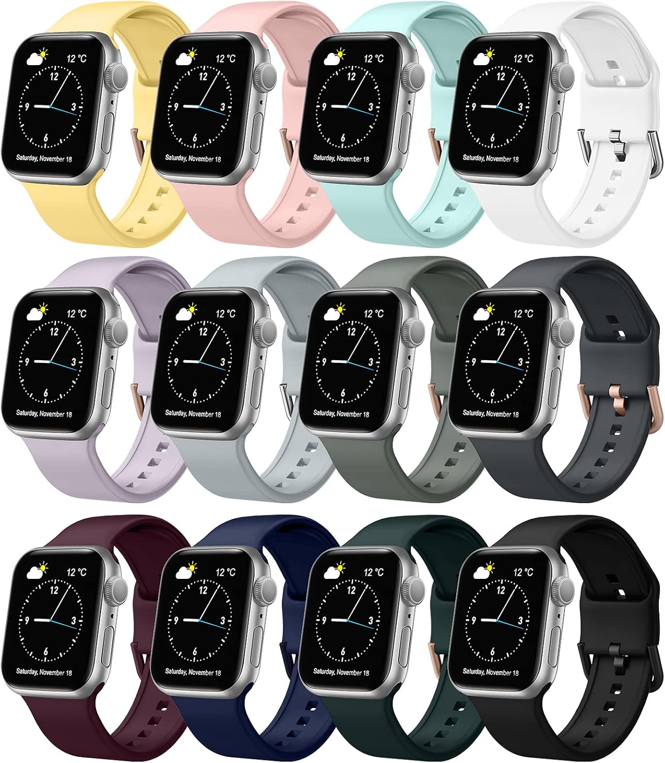 Compatible with Apple Watch Bands 38mm 40mm 42mm 44mm Women Men, Soft Silicone Replacement Strap with Classic Buckle for iWatch Series SE 6 5 4 3 2 1, 12 Pack