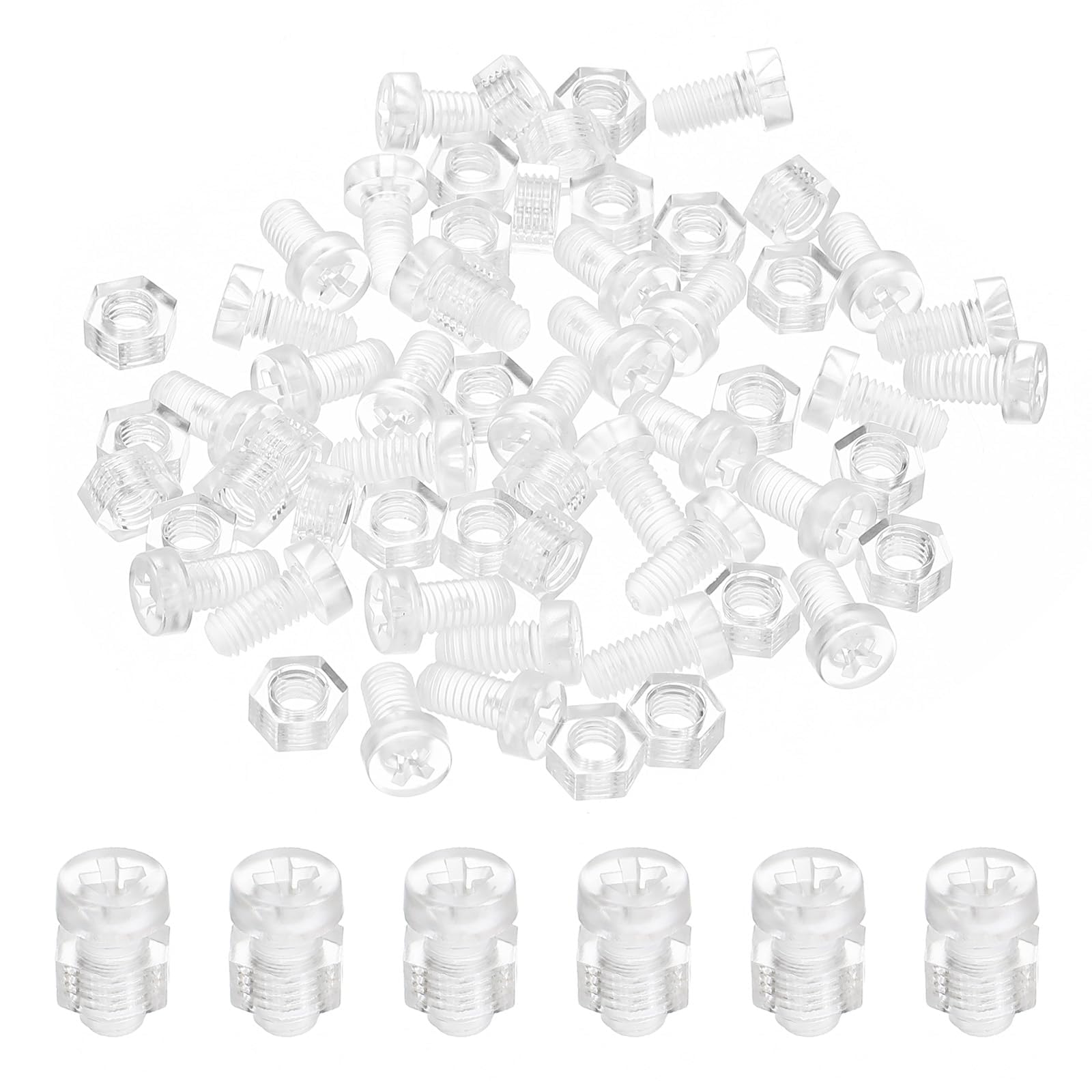 PATIKIL M5x10mm Clear Acrylic Screws and Hex Nuts Kit, 50 Set PC Plastic Phillips Round Head Bolts for Machine Accessories, Transparent