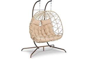 ROCKINGRUN Double Swing Egg Chair with Stand for 2 Person, Indoor/Outdoor Oversized Wicker Rattan Hammock Chair, Basket Hanging Chair with Cushion, 600 lbs Capacity, for Patio Bedroom Garden Balcony, Khaki