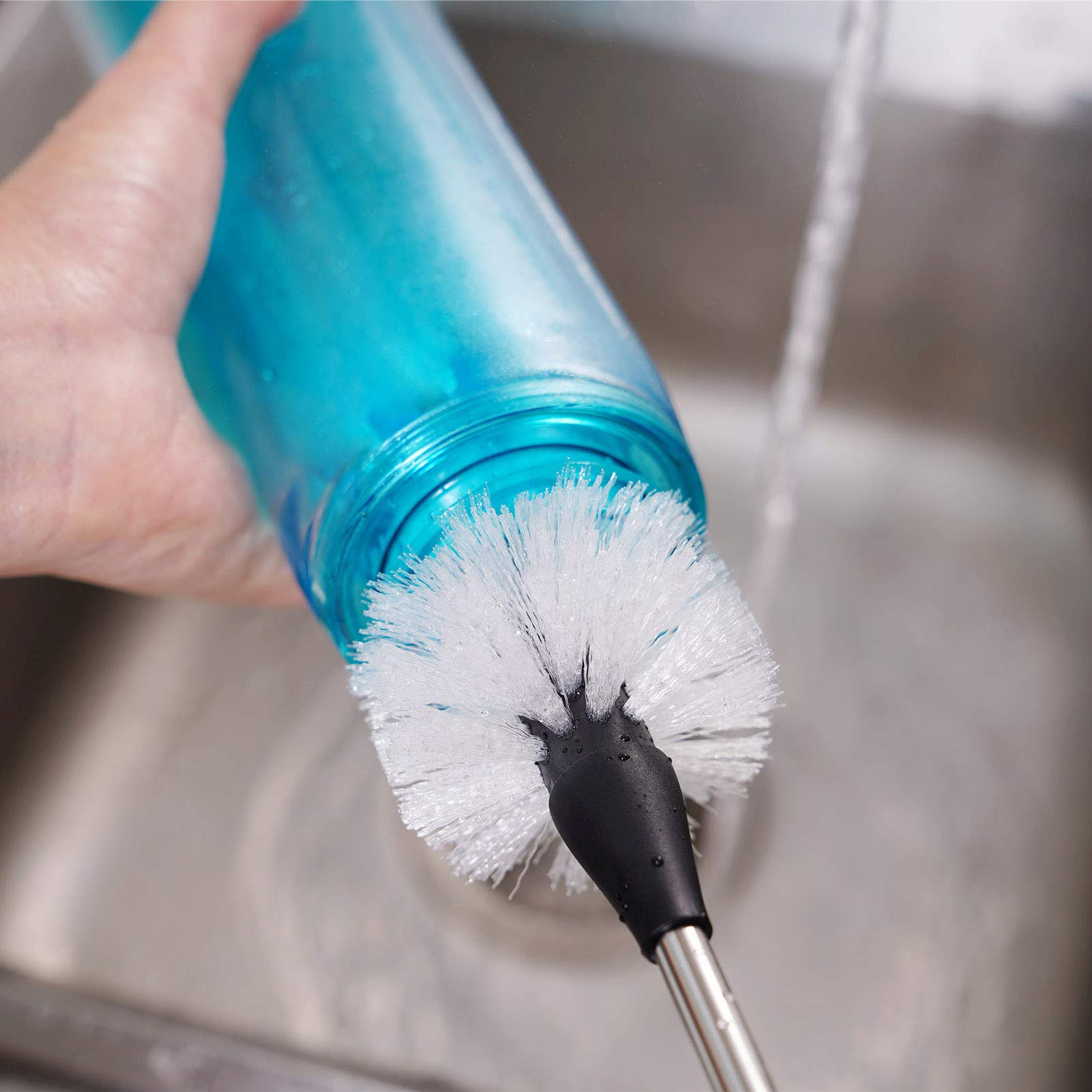 MOSOLAN 3-in-1 Stainless Steel Bottle Brush and Straw Cleaning Set, Long Handle Scrub Brush with Replaceable Head for Water Bottles, Glasswares, Mugs, Flasks, Tumblers, Vases, Flat Head