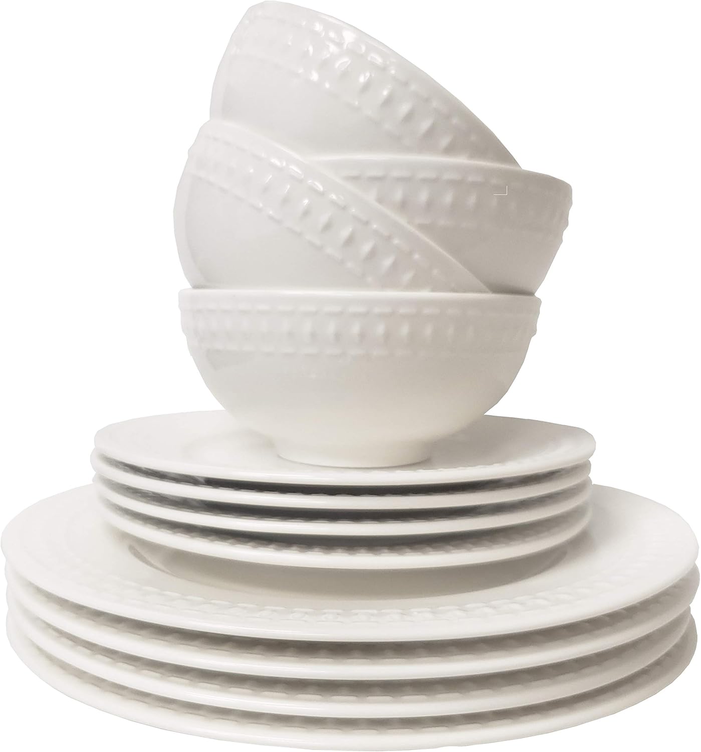  | Tabletops Gallery Embossed Bone White Porcelain Round Dinnerware Collection- Chip Resistant Scratch Resistant, Bloom 12 Piece Dinnerware Set (Dinner Plate, Salad Plate, Cereal Bowl): Dinnerware Sets