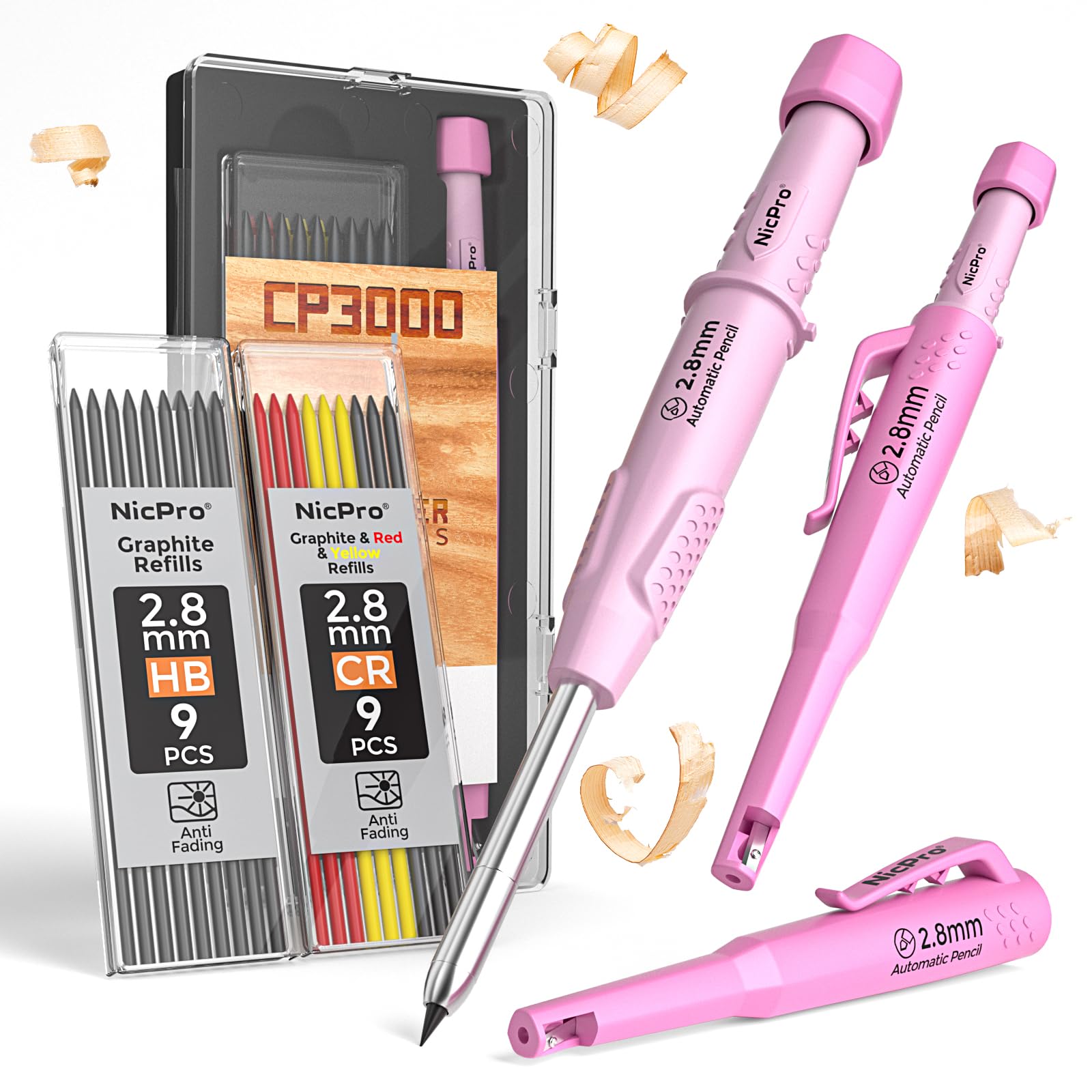 Photo 1 of Nicpro CP3000 Carpenter Pencil with Sharpener, Construction Mechanical Pencils with 19 Refills, Heavy Duty Construction Pencil, Pink Woodworking Tools For Women, Great for Marking On Wood, Metal