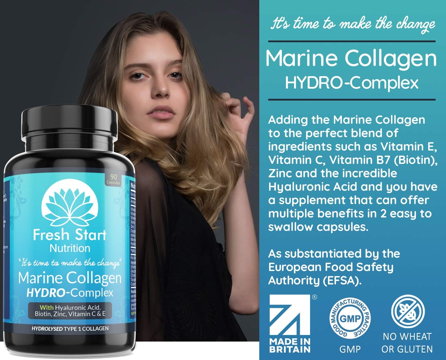 Marine Collagen Tablets 1000mg, 90 Premium Type 1 Hydrolysed Collagen Capsules with Hyaluronic Acid, Vitamin C, E, B2, Biotin - Image 3