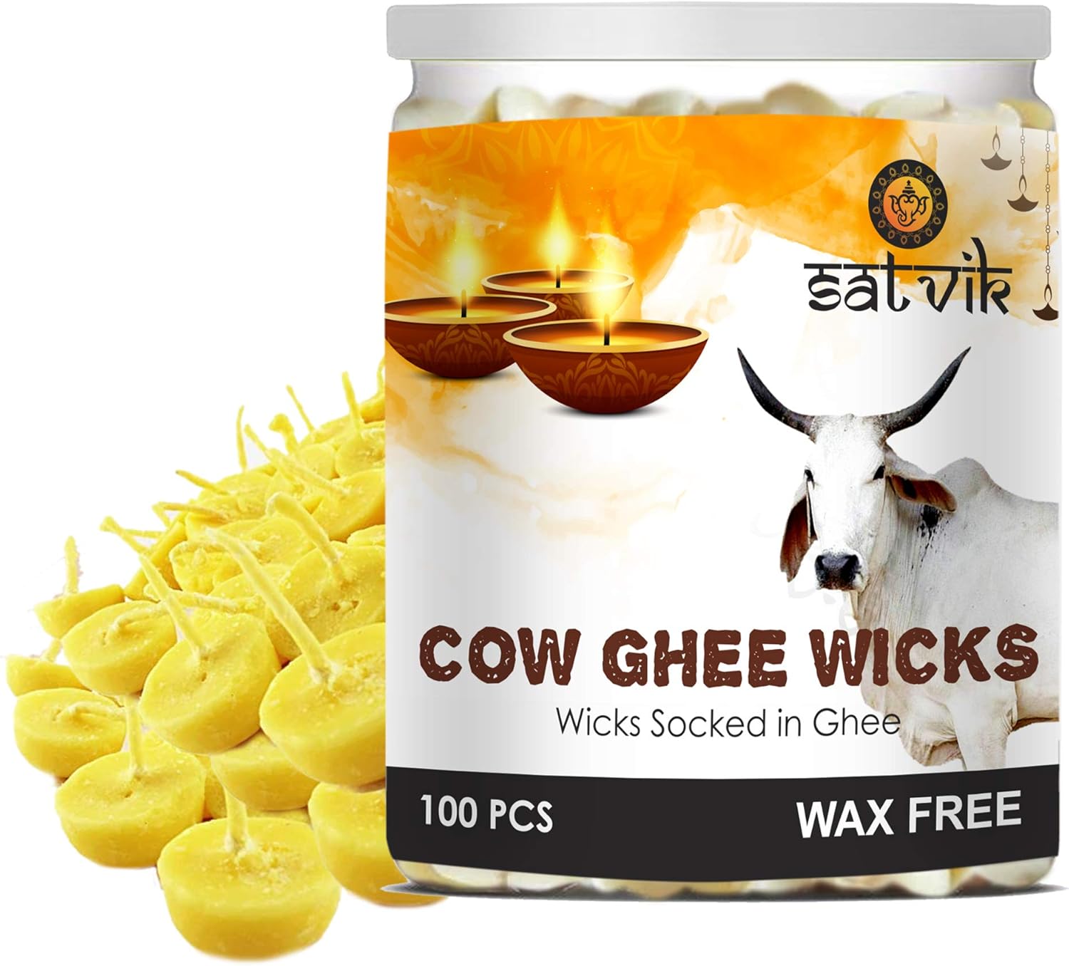 Oil Lamps & Accessories - SATVIK 100 Pc Pure Cow Ghee Wicks for Puja (Upto 30 Mins) Pooja Home and Mandir. Nitya Pujan Readymade Ghee Jyot Jyoti Pujan Indian Housewarming Return Gift Items Accessories. Diwali Cotton Wicks