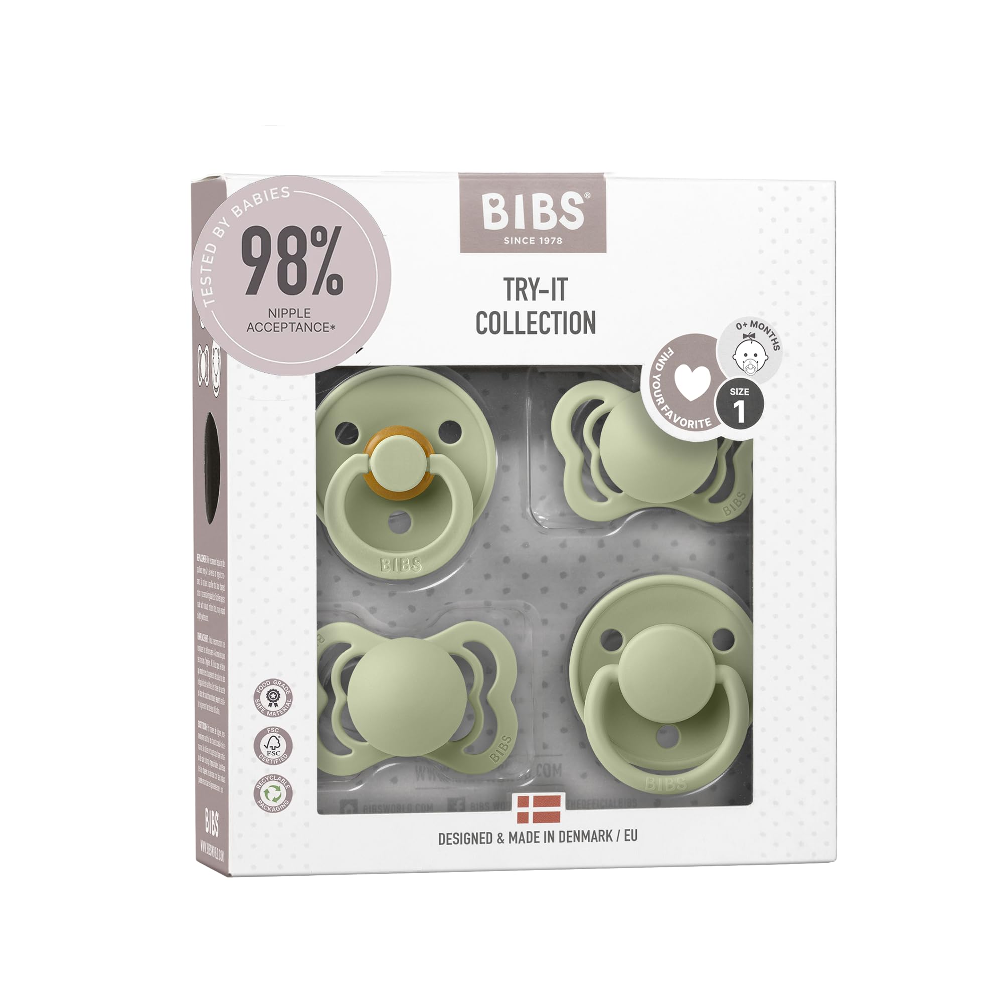 BIBS Try-it Dummies 4-Pack. BPA Free, Round, Symmetrical and Anatomical Nipple.| Made in Denmark | Sage | 0 to 6 Months