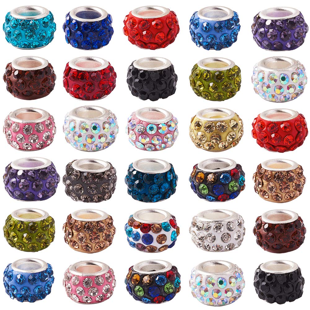 Craftdady 100Pcs Polymer Clay Large Hole European Beads with Rhinestone 11-12x7-7.5m Rondelle Slide Bead Spacers for DIY Snake Chain Charm Bracelet Making with 5mm Big Hole