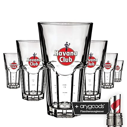 6 x Havana Club 0,3l Glas/Gläser, Cocktailglas, Markenglas, Longdrinkglas NEU + anygoods Flaschenausgiesser