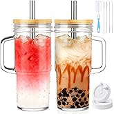 Birity 24oz Glass Cups with Lids and Straws,Glass Tumbler with Handle,2 set–Reusable Glass Ice Coffee Cups with Lid and Straw for Smoothies,Tea,Juice,Boba Cup for Cold & Hot Drinks,Travel Cup