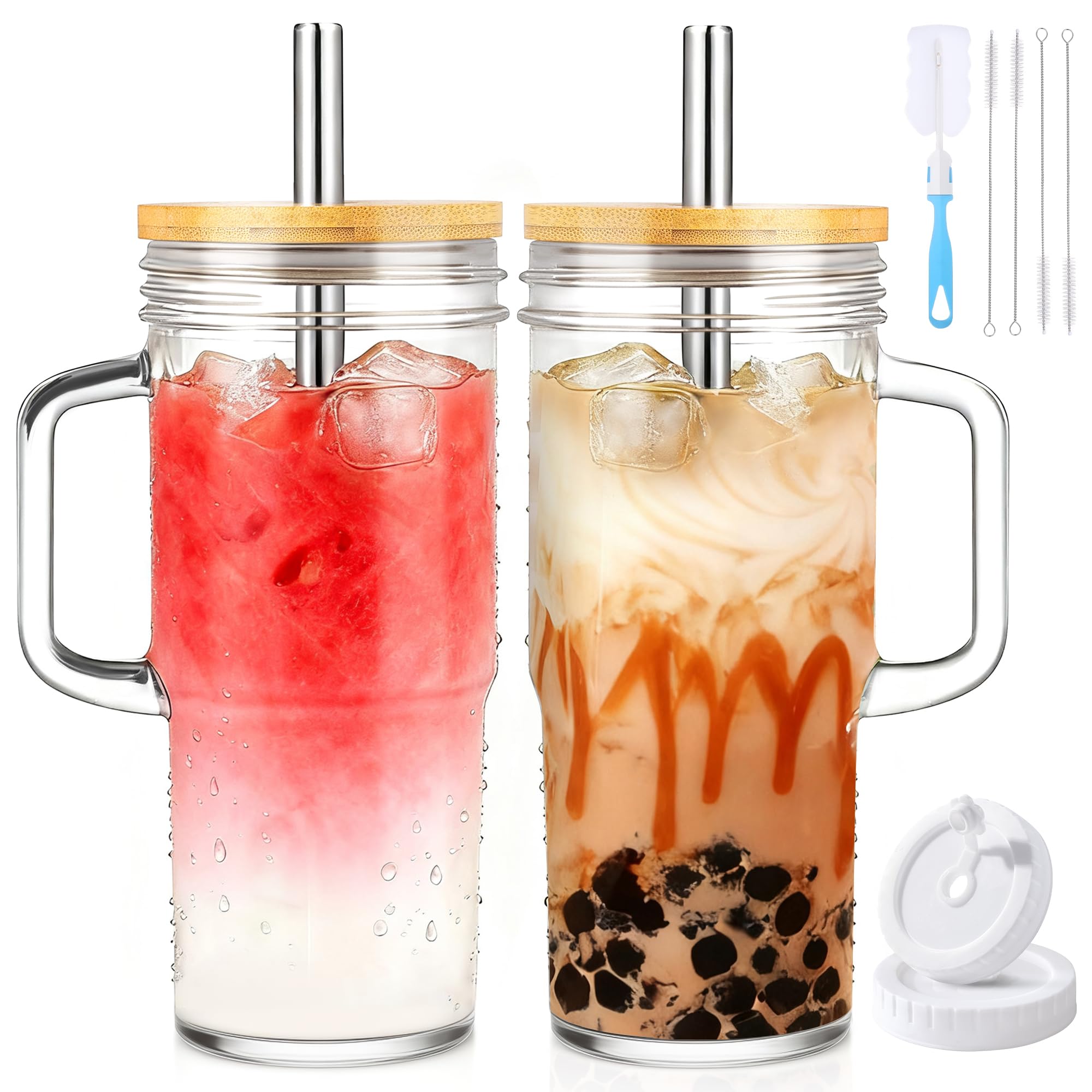 Photo 1 of SEE PICTURE………… 24oz Glass Cups with Lids and Straws,Glass Tumbler with Handle,2 set–Reusable Glass Ice Coffee Cups with Lid and Straw for Smoothies,Tea,Juice,Boba Cup for Cold & Hot Drinks,Travel Cup one tumbler Halloween theme 