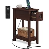 VASAGLE 2-Tier End Side Table, Small Accent Nightstand with Storage Drawer | Narrow Bedside Table With Charging Station for Small Spaces, Living Room, Bedroom, Office, Saddle Brown ULET328K01