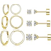 6 Pairs Sterling Silver Earrings Sets for Multiple Piercing Small Gold Plated Huggie Hoop Earrings Flat Back Surgical Steel Tiny CZ Stud Earrings for Women Cartilage Hypoallergenic（10/12/12)