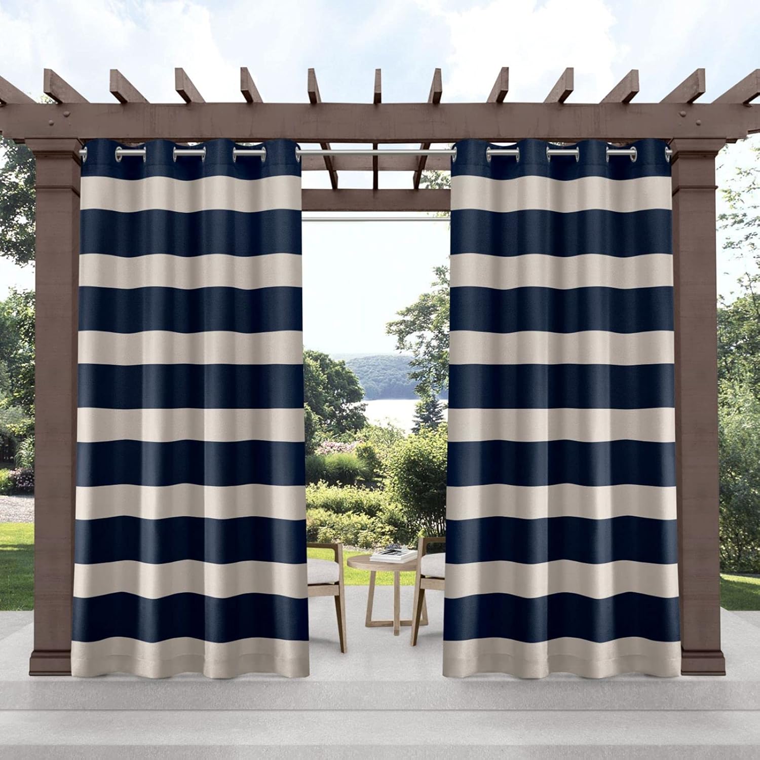 Outdoor Curtains - Exclusive Home Cabana Stripe Indoor/Outdoor Light Filtering Grommet Top Curtain Panel, 54