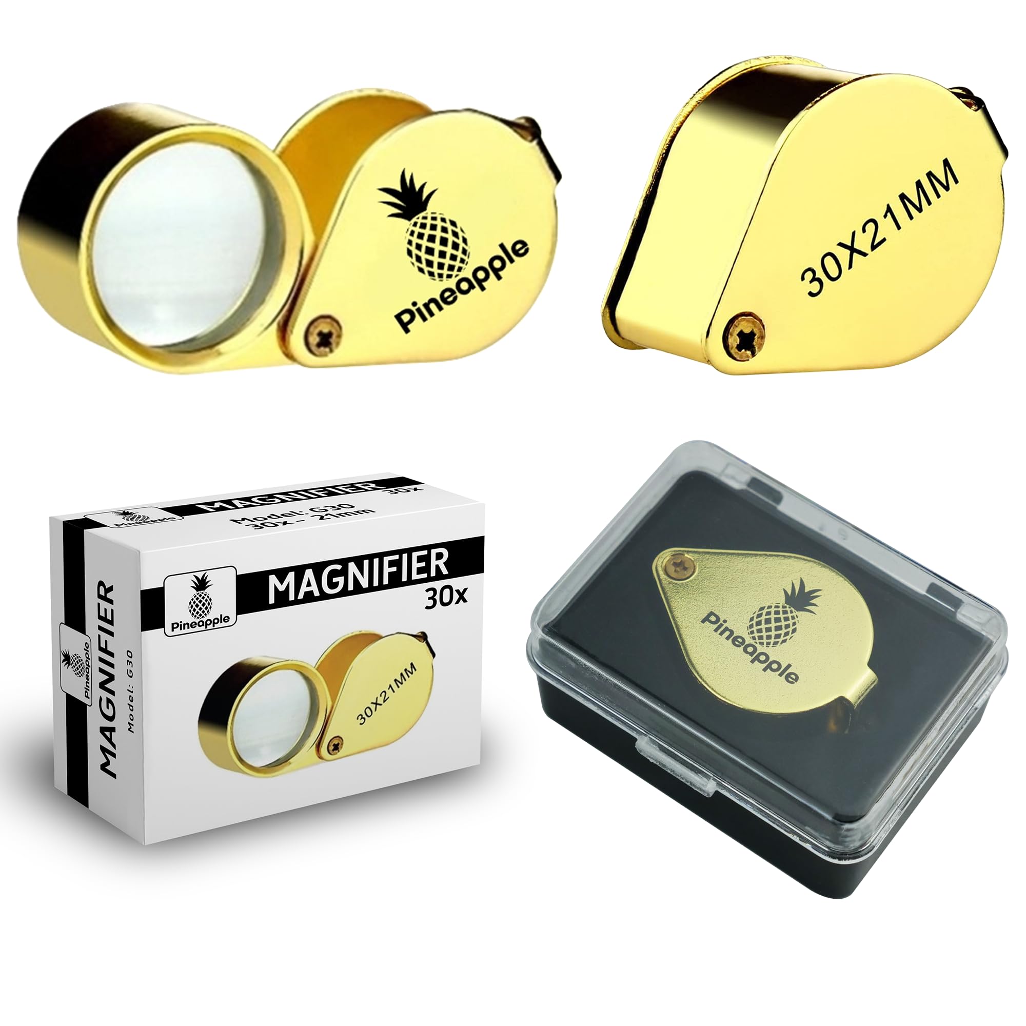 Pineapple 30X Jewelers Loupe Magnifier Foldable Pocket Magnifying Glass Small Jewelry Eye Loop for Jewelers, Gems, Diamonds, Plants, Coins (Gold)