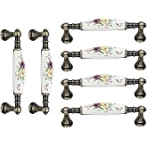 Mewutal 6pcs Floral Ceramic Cabinet Pulls, 3.78" Holes Center to Center | 96mm Drawer Pull, 3 3/4" Antique Flower Dresser Handles, for Furniture, Closet, Wardrobe, with Screws