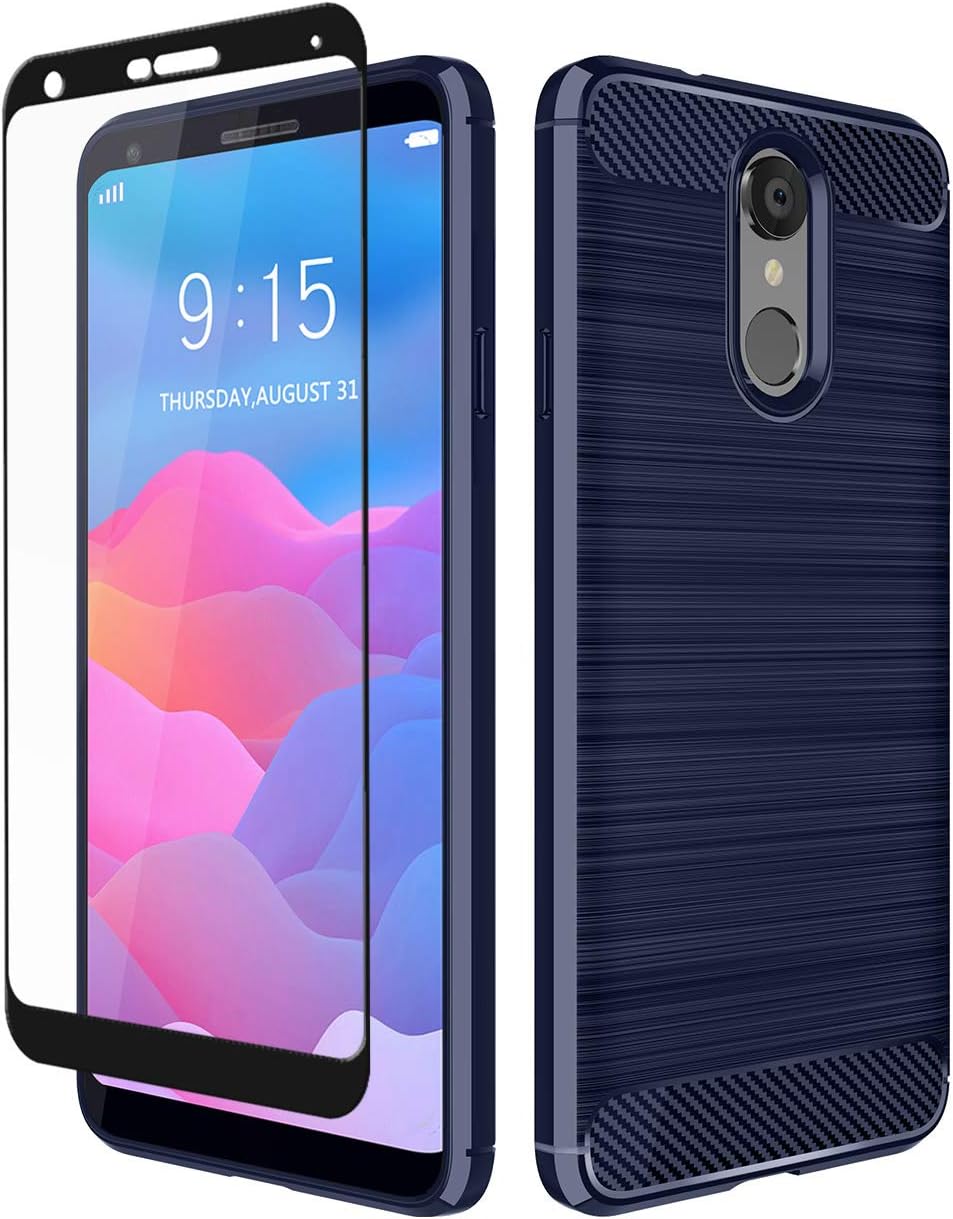 LG Q7+ Case, LG Q7 Case, Aoways Tempered Glass Screen Protector, Thin Texture Carbon Fiber Shockproof Soft TPU Lightweight Protective Cover for LG Q7 Plus- Navy Blue
