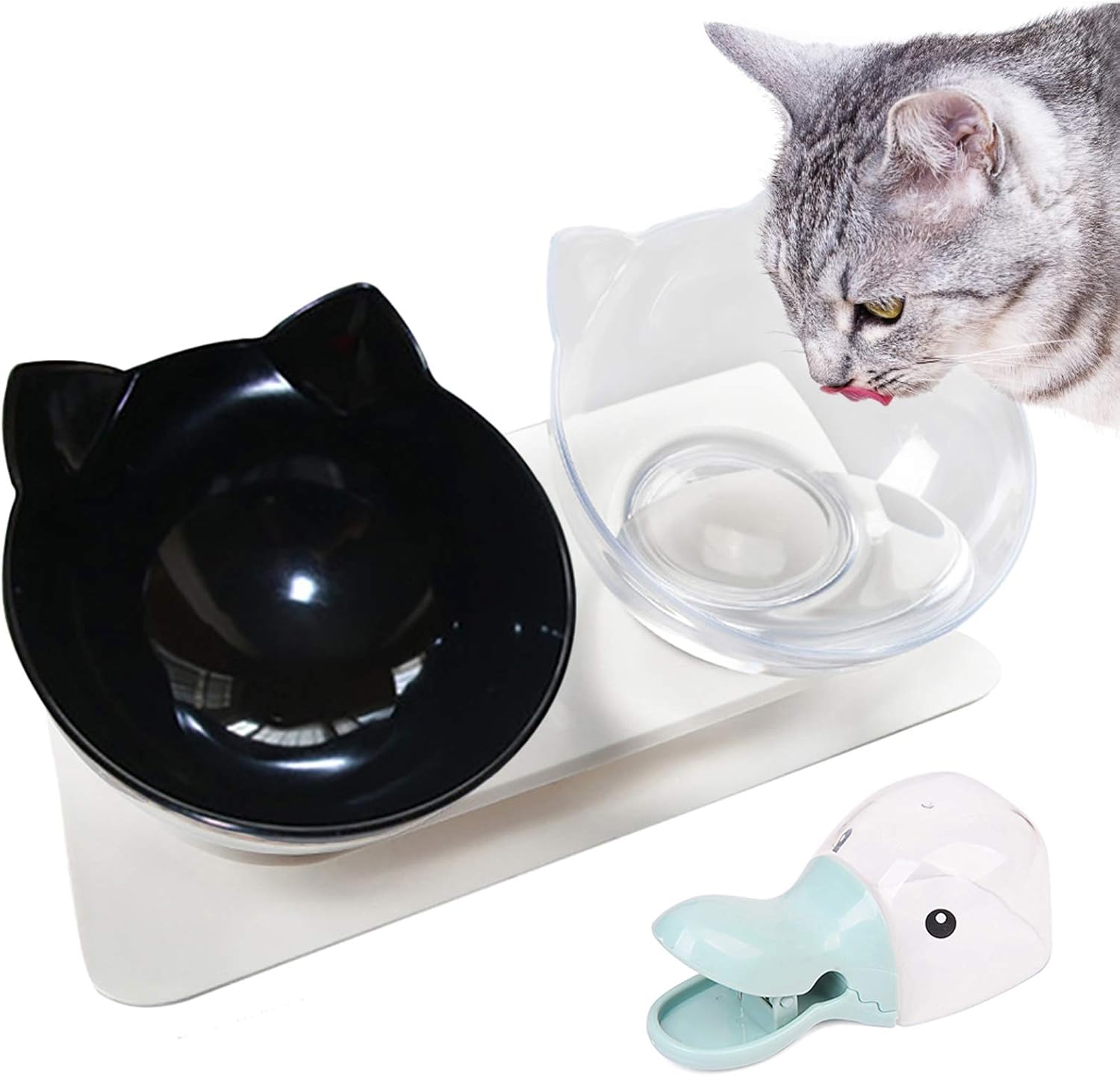 Dorakitten Elevated Cat Bowls Double Cat Food and Water Bowls,15° Tilted Transparent Raised Pet Feeding Bowls for Cats and Small Dogs (White+Black)