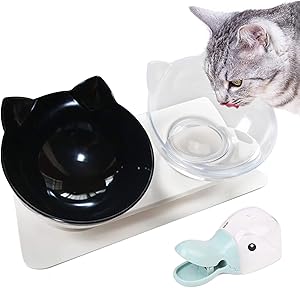 Dorakitten Elevated Cat Bowls Double Cat Food and Water Bowls,15° Tilted Transparent Raised Pet Feeding Bowls for Cats and Small Dogs (White+Black)