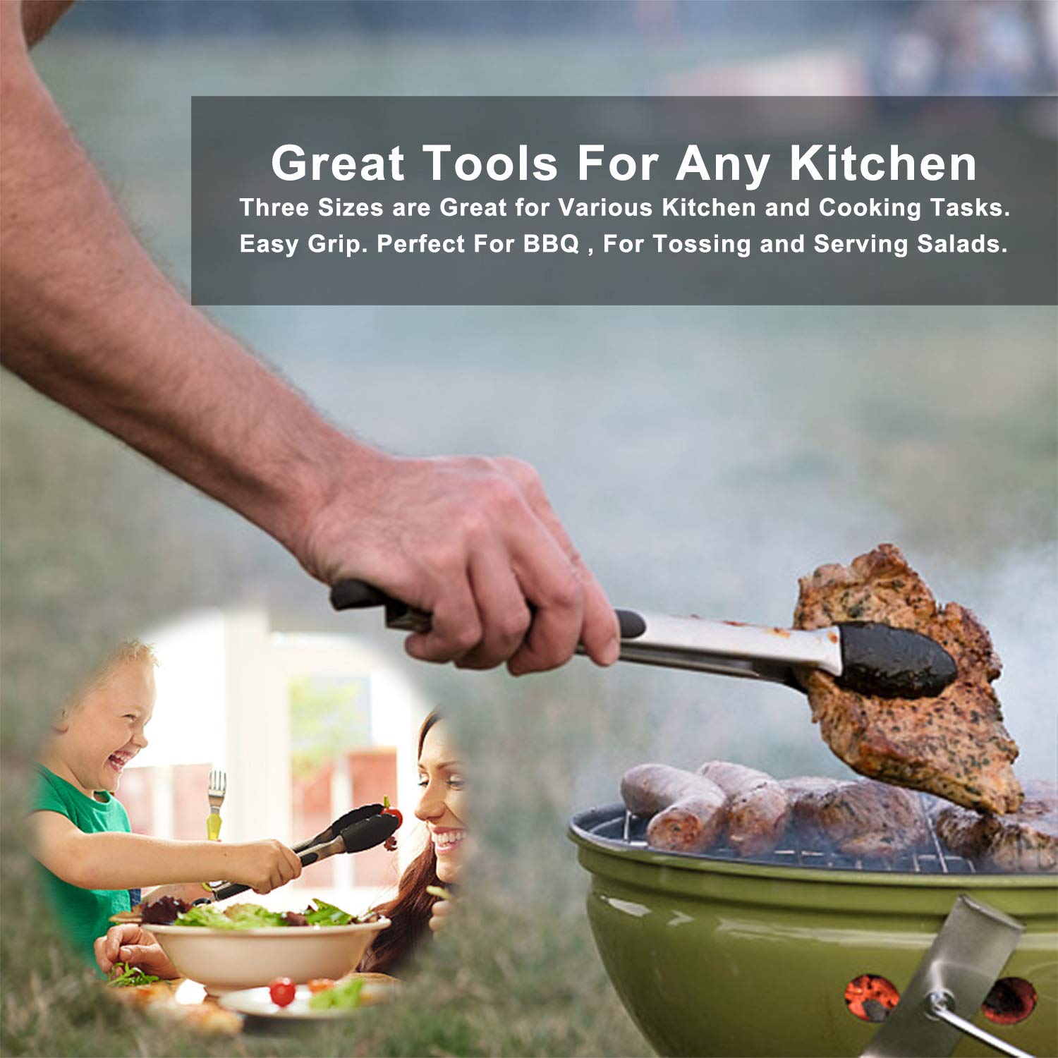 Silicone Food Tongs, Stainless Steel BBQ/Kitchen Tongs with Silicone Tips, Pack of 3-7,9,12 Inch