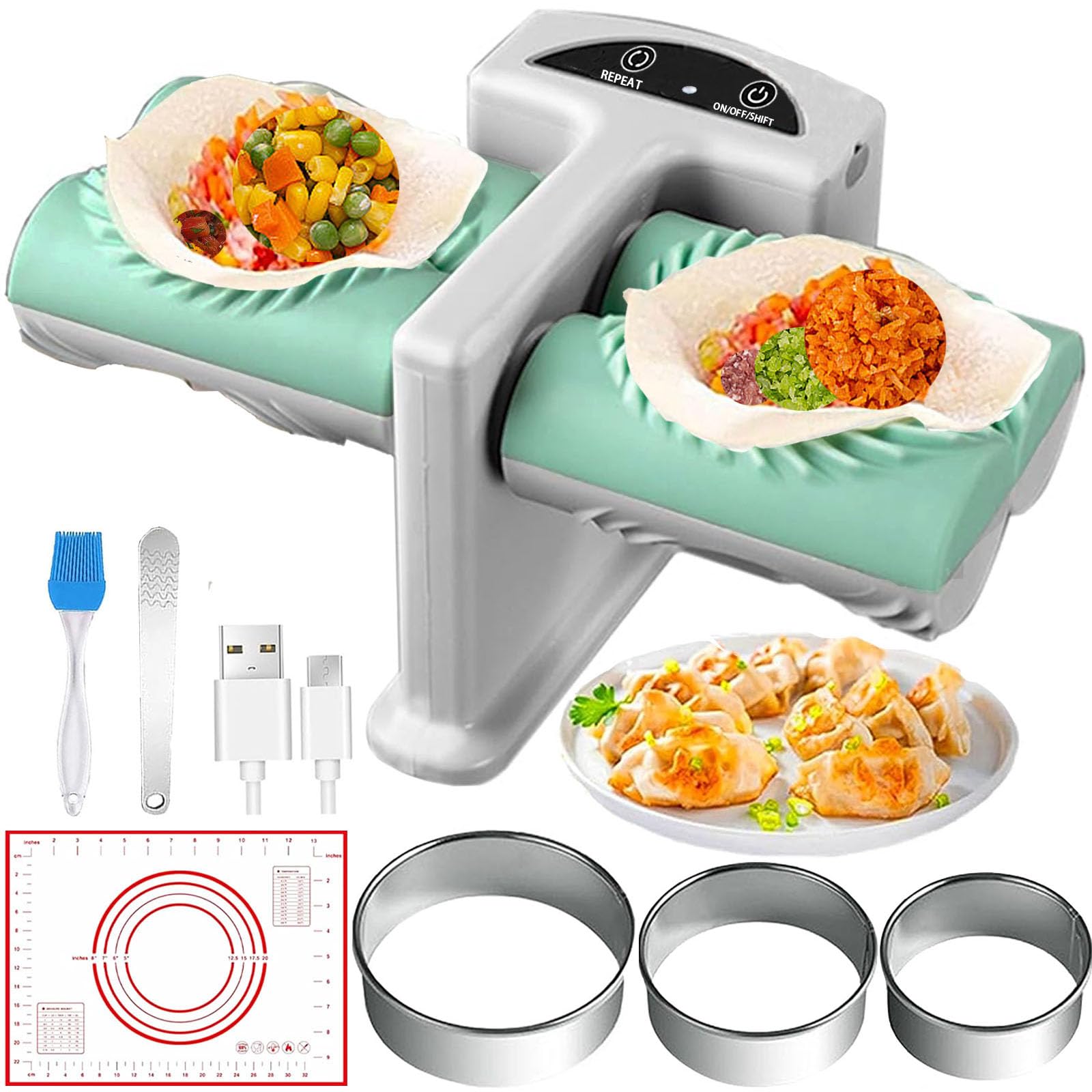 Photo 1 of Electric Dumpling Maker Two Sizes Double Head Automatic Electric Dumpling Maker Machine Mould Household Quick Rechargeable Dumpling Maker Kit with Silicone Baking Mat,Dough Cutters,Spoon Brush