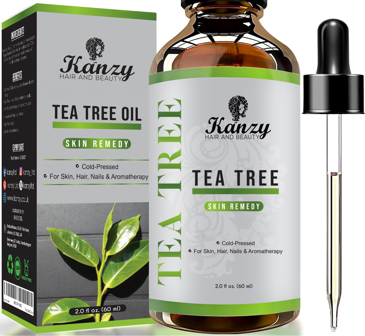 Kanzy Tea Tree Oil, Skin Remedy 60ml - Treatment for Hair, Face & Nails Natural Vegan Tea Tree Oil