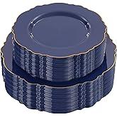 WDF 100pcs Blue Plastic Plates - Baroque Blue&Gold Disposable Plates for Parties/Wedding-50Plastic Dinner Plates 10.25in, 50Salad Plates 7.5in for Party/Birthday/Wedding/Passover