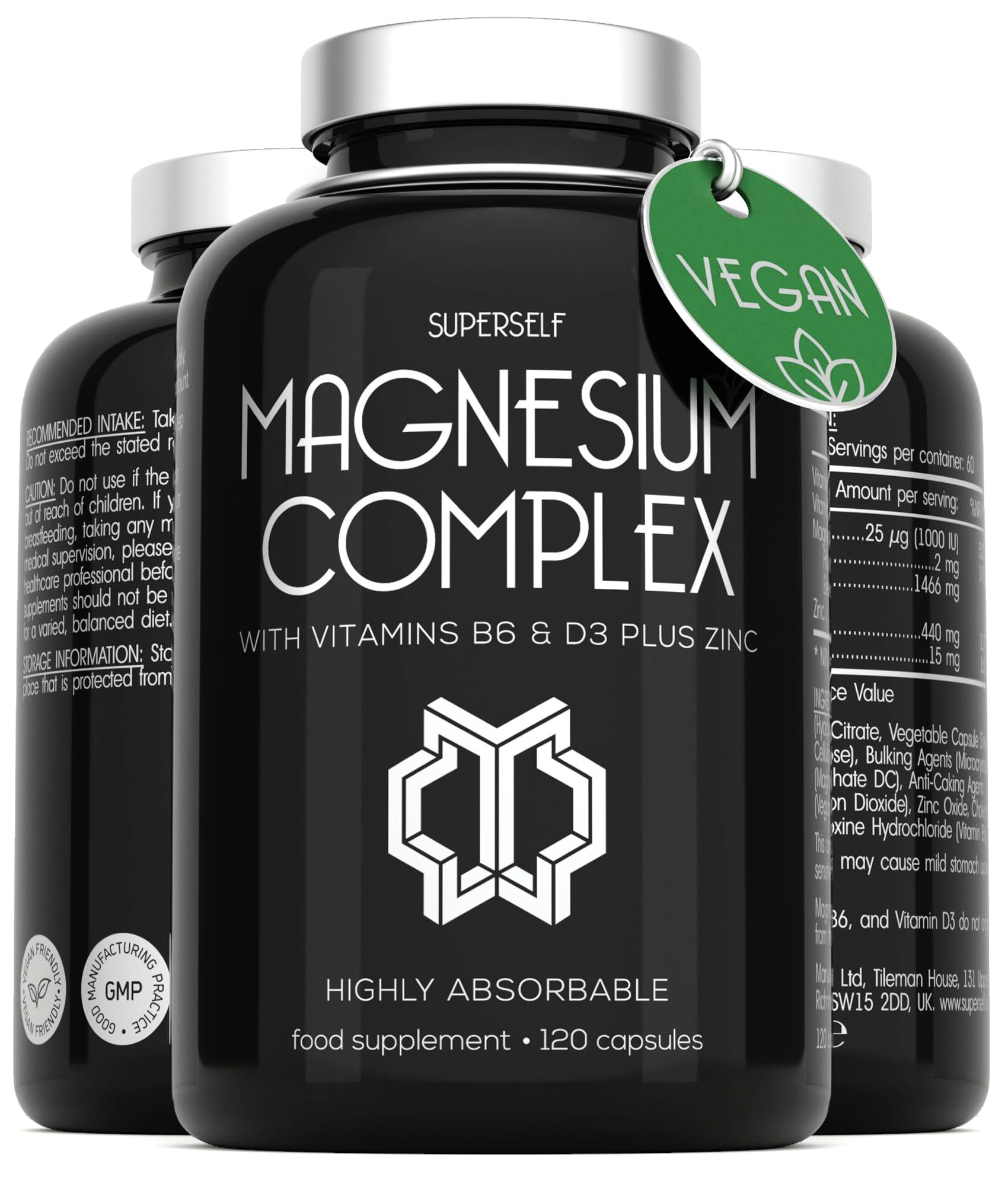Magnesium Complex 1466mg - Magnesium and Zinc Supplements with Vitamin D3 & B6 - Premium Supplements for Women & Men - High Strength Chelated Citrate Tablets - 120 Capsules - Vegan & UK Made