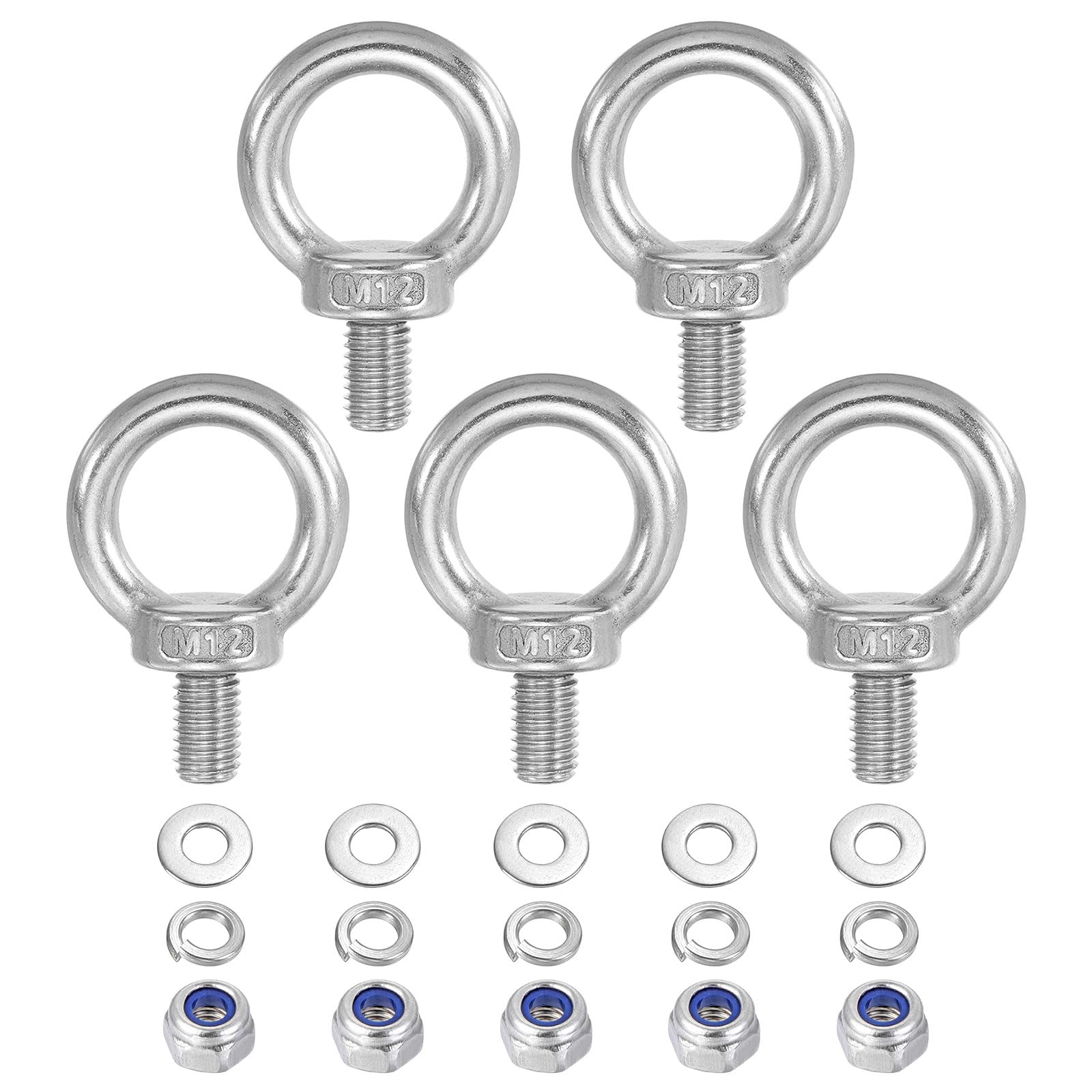 PATIKIL M12 x 20mm Lifting Shoulder Eye Bolt, 5Pcs 304 Stainless Steel Lifting Ring Threaded Eyebolt with Nuts Washers for Hanging Hammocks Articles