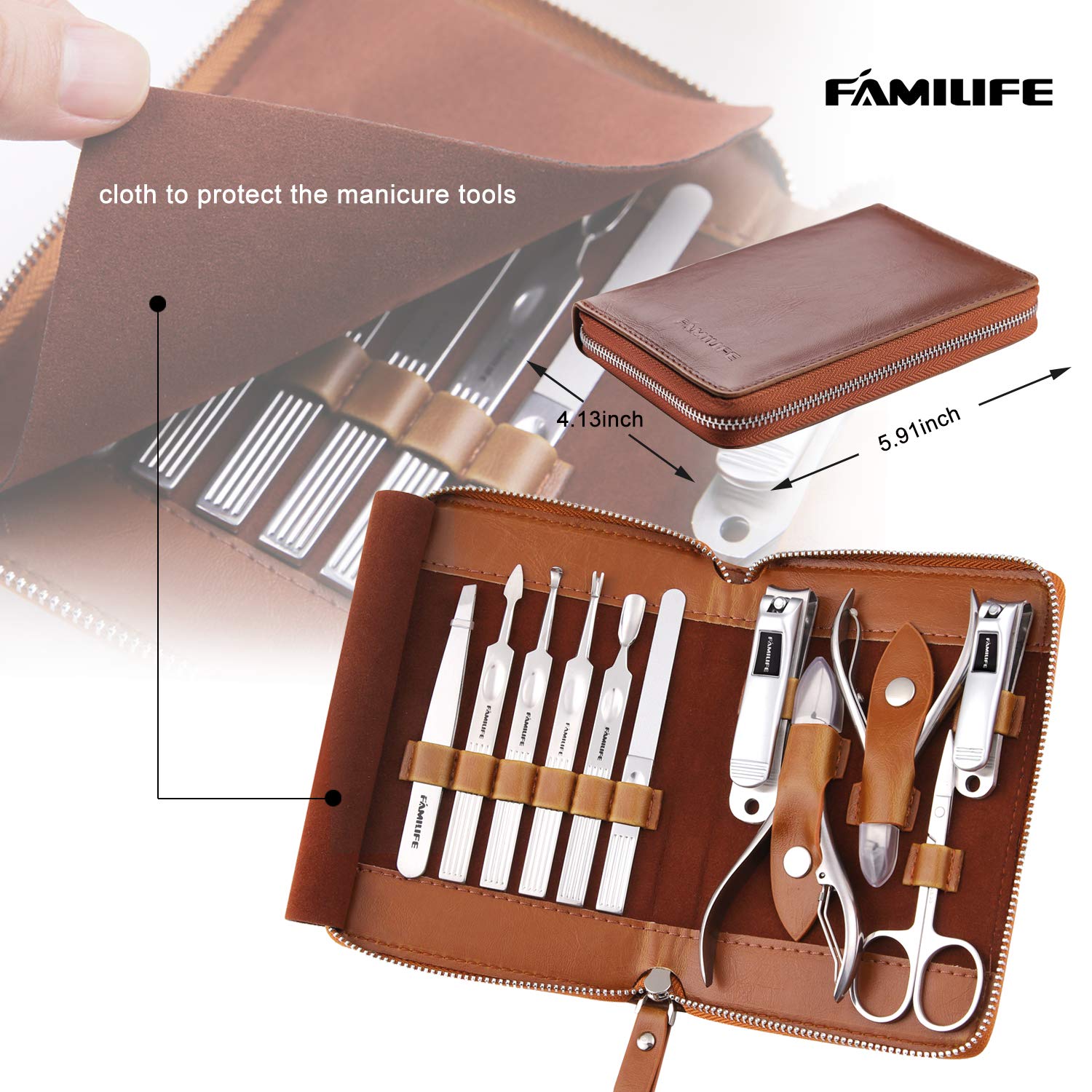 Manicure Set, FAMILIFE Professional Manicure Kit Nail Clippers Set 11 in 1 Stainless Steel Pedicure Tools Kit Grooming Kit with Portable Brown Leather Travel Case for Men L18 : Beauty