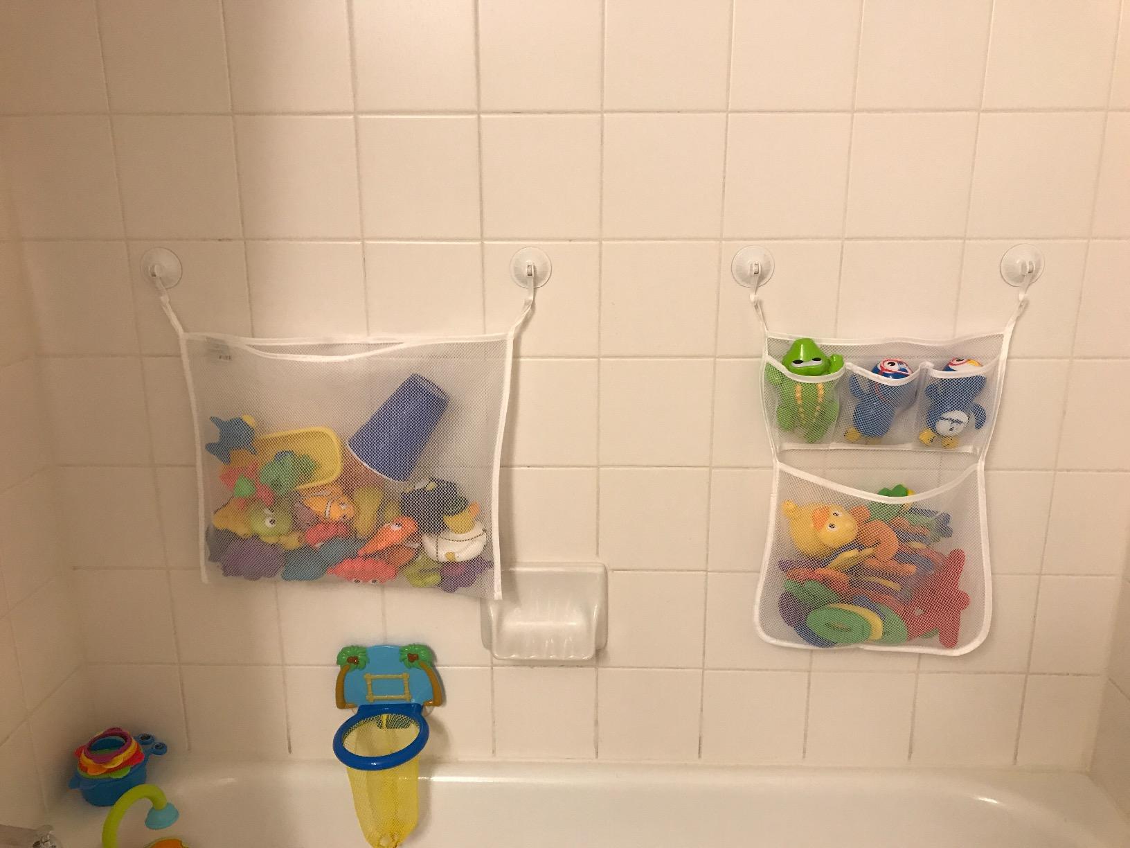 2 Pack Mesh Bath Toy Organizer+Ultra Strong Hooks–The Perfect Bathtub Toy Holder Bathroom or Shower Caddy–Sherry Multi-Use Net Bags Make Baby Bath Toy Storage Easy–for Kids Toddlers（Upgrade+Reinforce）