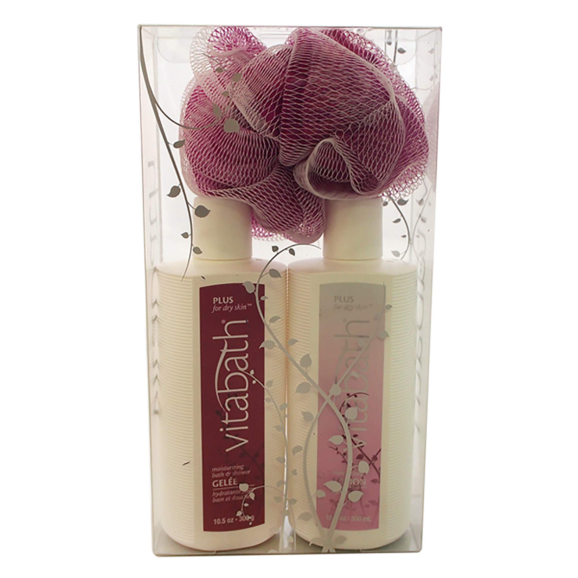 Vitabath Plus For Dry Skin Everyday Skincare Set Moisturizing Shower Gel Wash, Reviving Lotion & Exfoliating Body Scrubber Pouf - Nourishing Foam Cleanser & Dry Skin Hydration for Women & Men