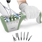 Longzon 5-in-1 Knife Sharpener 4 Stage with Cut-Resistant Glove, Gray+Green | Quickly Sharpens &amp; Restores Dull Blades, Easy &amp; Safe for Home Kitchen Use, Fits Most Knives and Scissors