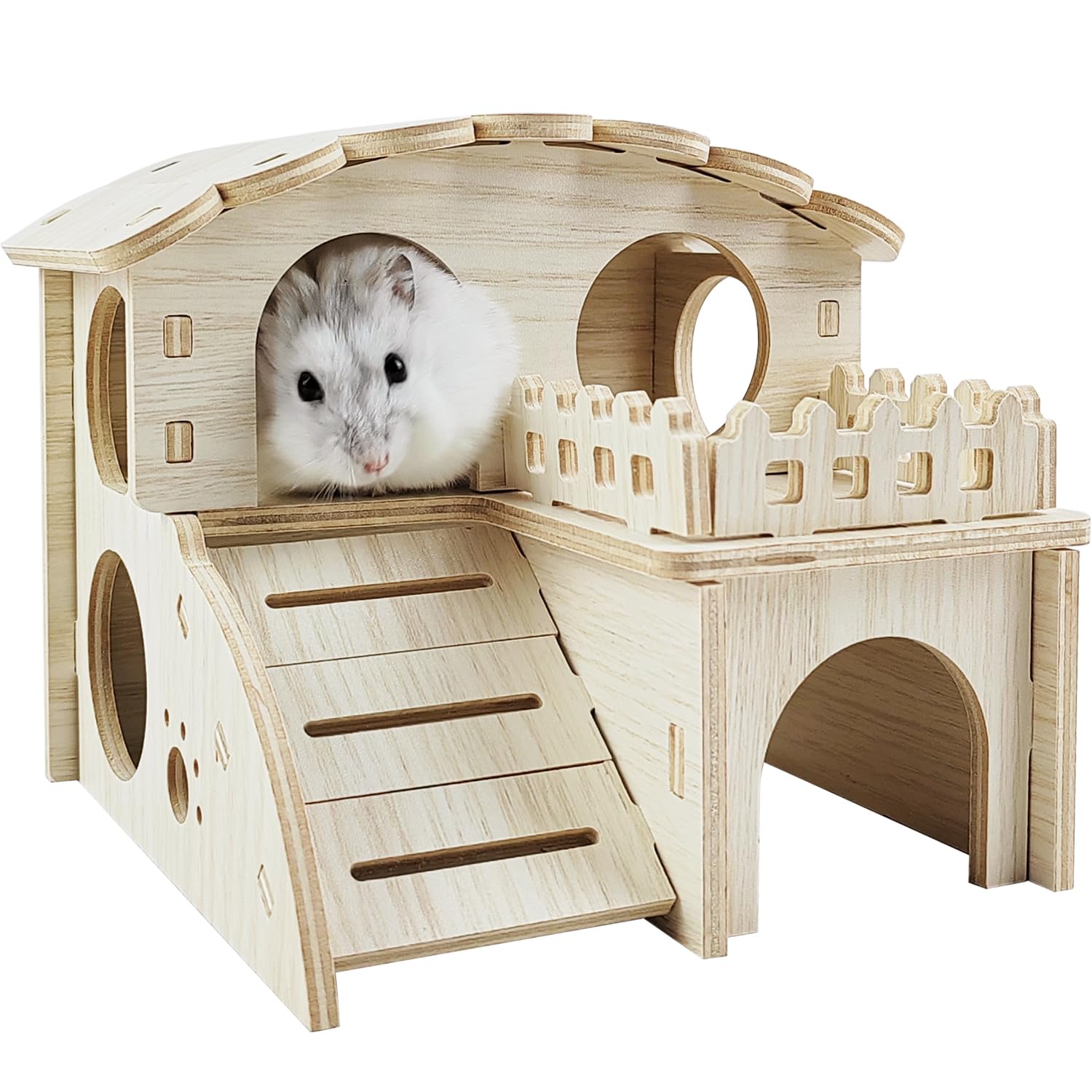 Highland Farms Select Hamster House, Double-Decker Hut with Slide, Cage Accessories, Small Animal Habitat Decor