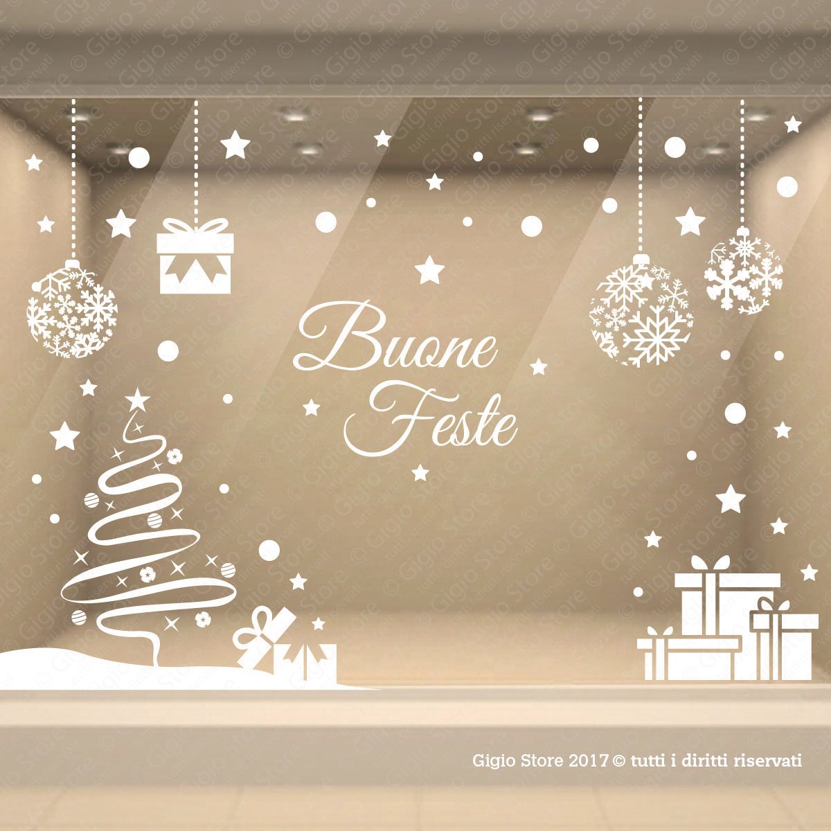 Vetrofanie Natale Sticker Adesivo Vetrine Negozio Scritta Buone Feste con Albero