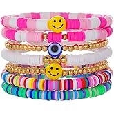 Preppy Jewelry Bracelets for Women Handmade Friendship Bracelets Clay Bead Colorful Surfer Heishi Bracelet Set Stackable Boho Y2K Summer Beach Elastic Layering Bracelets