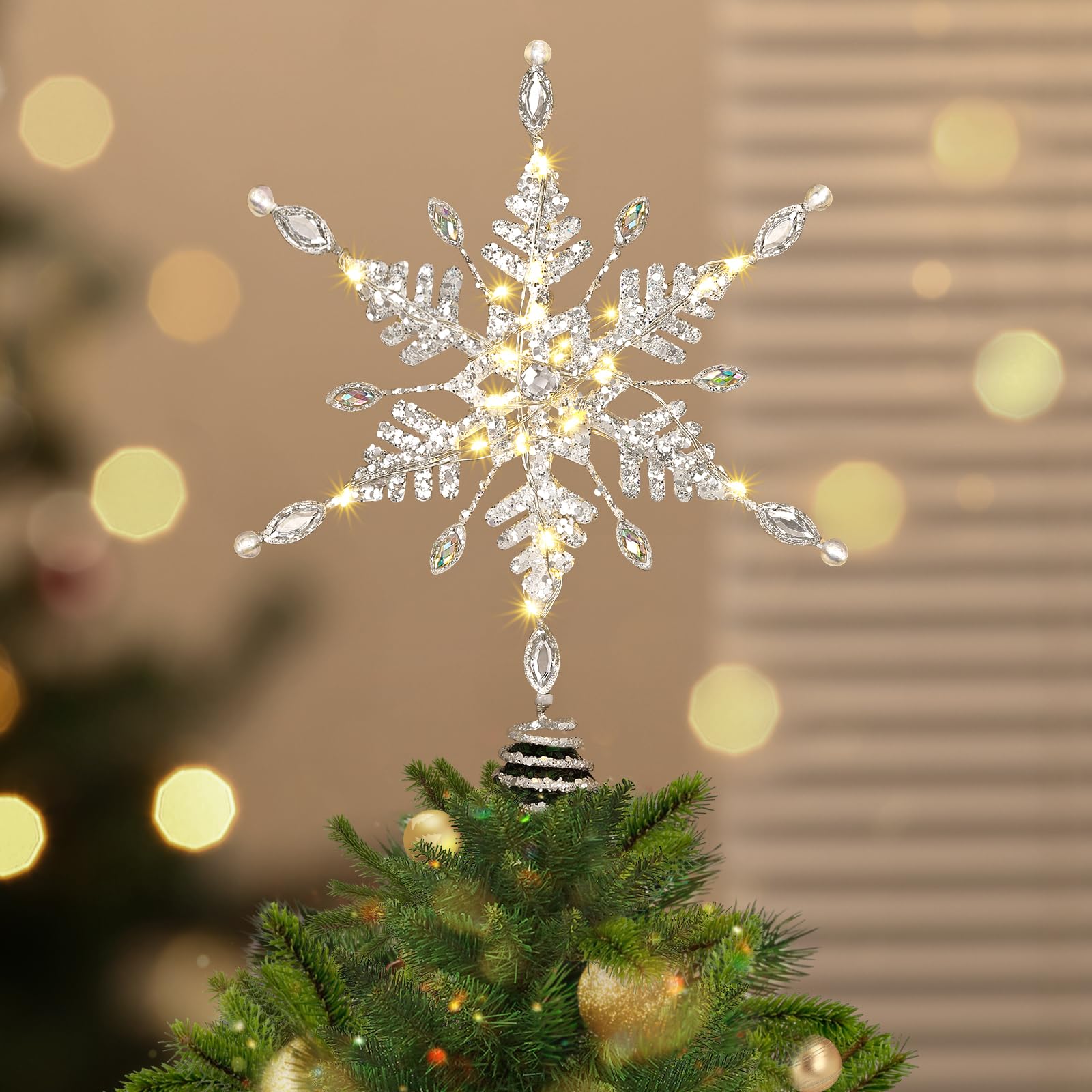 Photo 1 of **WITH REMOTE**Luxspire Christmas Tree Topper, 8.6" Snowflake Metal Christmas Decorations Lights, Lighted Tree Topper with USB Plug in & Remote Control, Light Up Xmas Trees Decor for Home, Diamond Snowflake-Silver