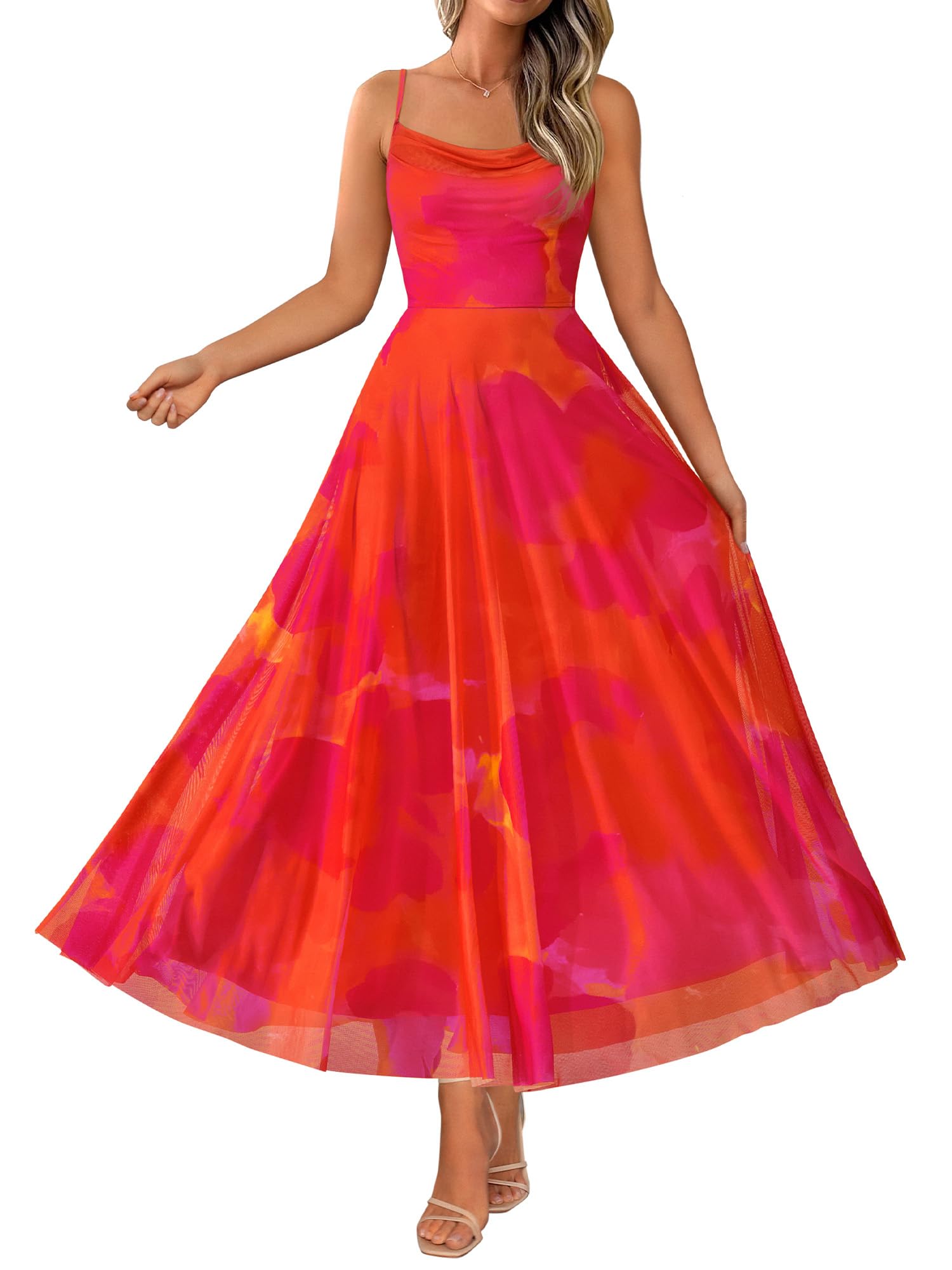 Photo 1 of (XL) BTFBM Women Summer Floral Maxi Dresses Elegant Spaghetti Strap Dress Printed Party Dress Beach Long Dresses(Orange Red Big Floral,X-Large)