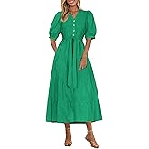 PRETTYGARDEN Summer Dresses for Women 2026 Elegant Classy Short Sleeve V Neck Ruffle A Line Belted Long Beach Vacation Dress