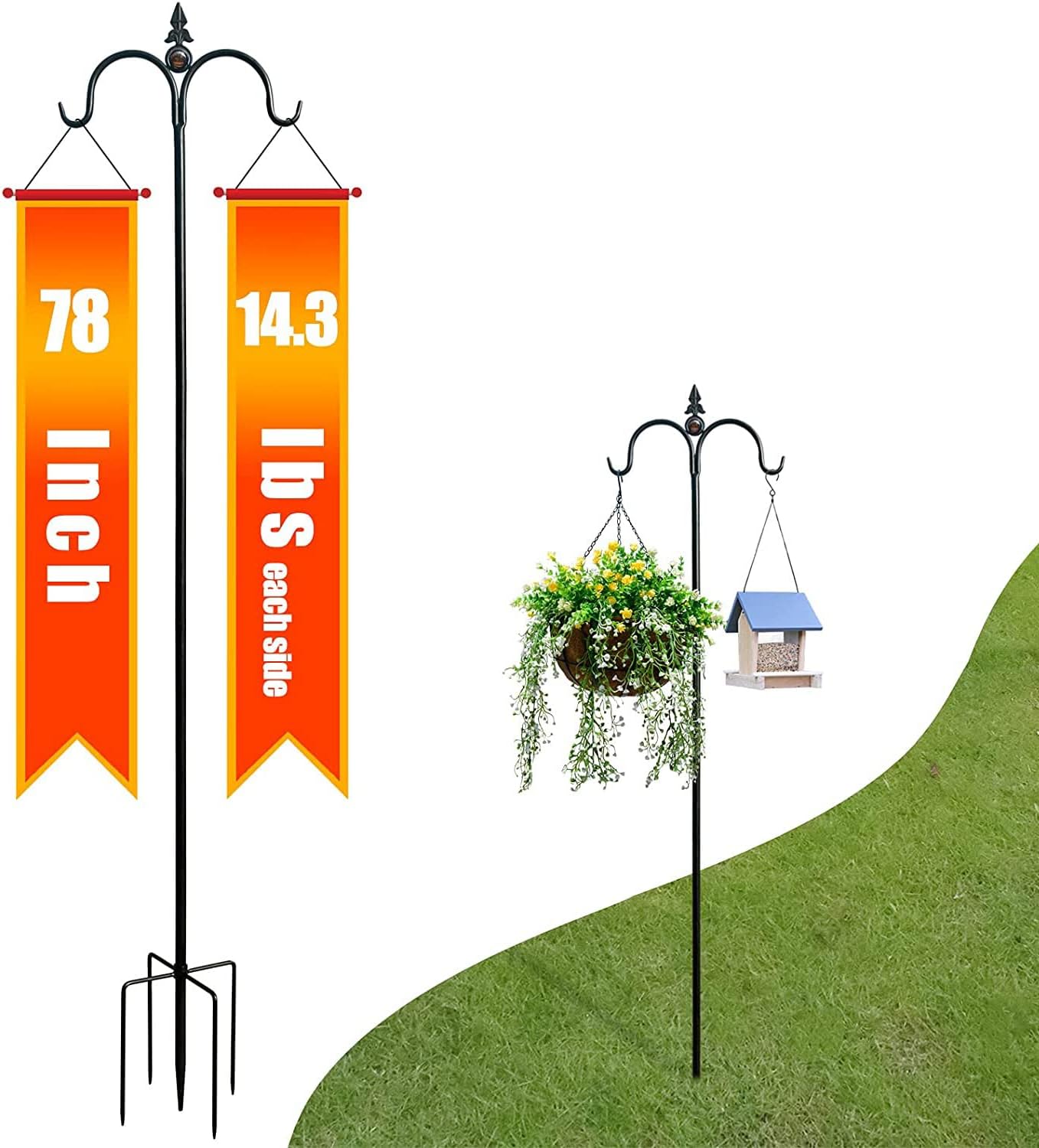 Outdoor Shepherd's Hooks - Folektype Double Shepherd Hook 78 inch Tall 3/4 inch Thick with 5 Prongs Base, Adjustable Heavy Duty Metal Bird Feeder Pole Garden Hanging Stake Stand for Hanging Plant Baskets, Solar Lights, Lanterns
