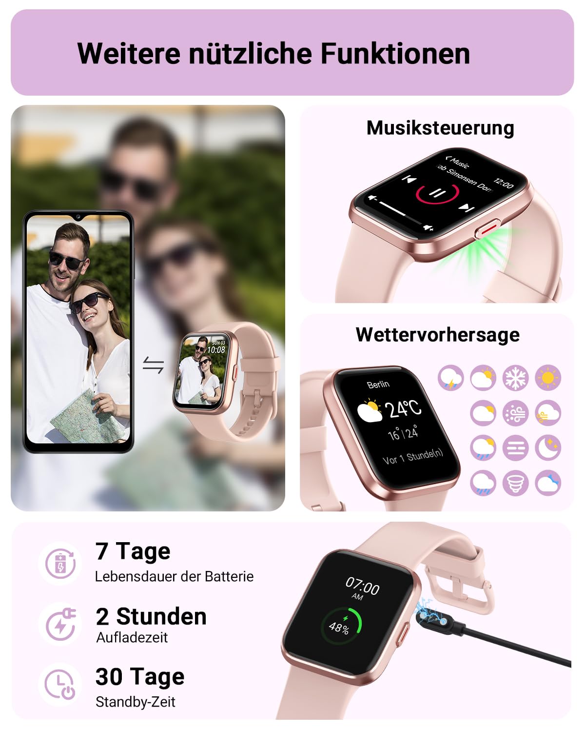 Tensky Smartwatch Damen mit Telefonfunktion 1,85" Smart Watch Alexa Integrierte 3ATM, 110+ Sportmodi, Schrittzähler Uhr Herzfrequenz Schlaf SpO2 Fitnessuhr für Samsung Android iOS 6