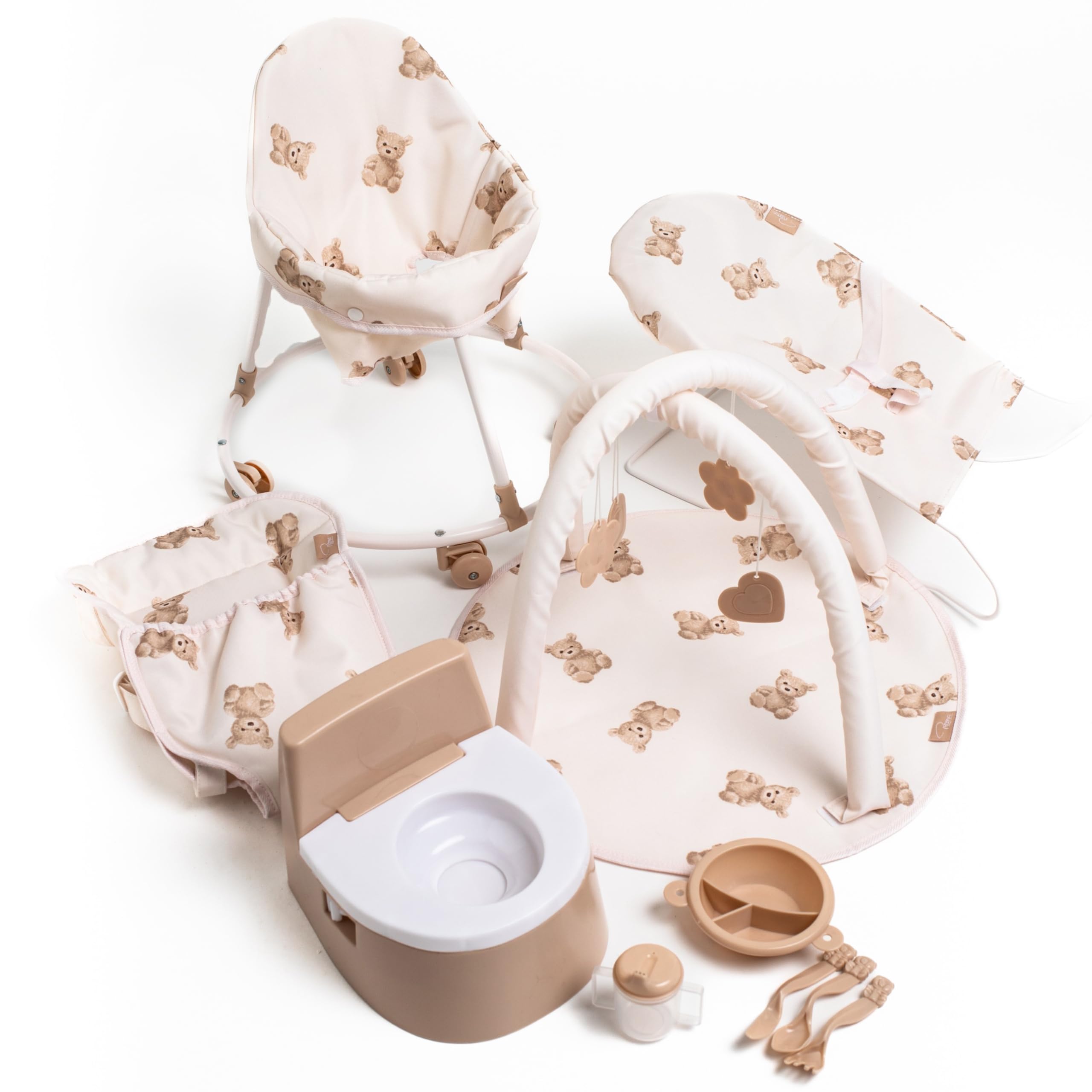 Roma 10 Piece Dolls Accessory Set - 10 Pieces: Baby Walker, Bouncer, Front Carrier, Potty, Feeding Bowl, Cutlery set, Drinking Beaker, Playgym for Dolls 26-45 cm (Teddy)