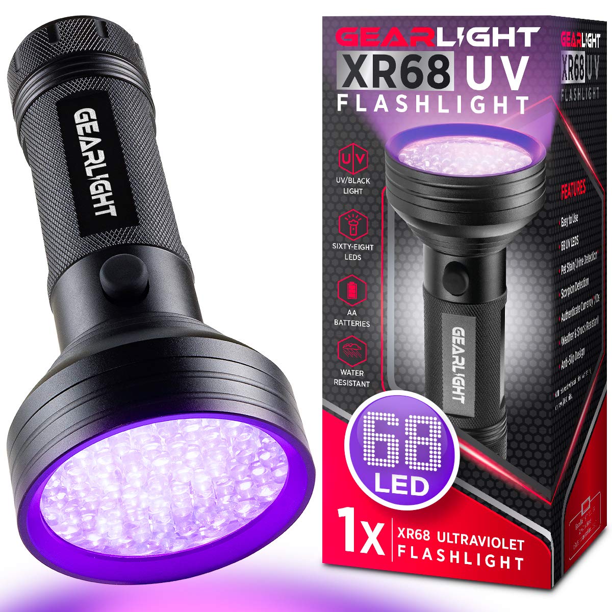 Photo 1 of GearLight UV Flashlight Black Light from 68 LED Blacklight Flashlight Dog/Cat Pet Urine Detector, Scorpion, Bed Bug, Resin Curing, Dog Stain, and Carpet Odor Eliminator Remover, ID Checking_XR68