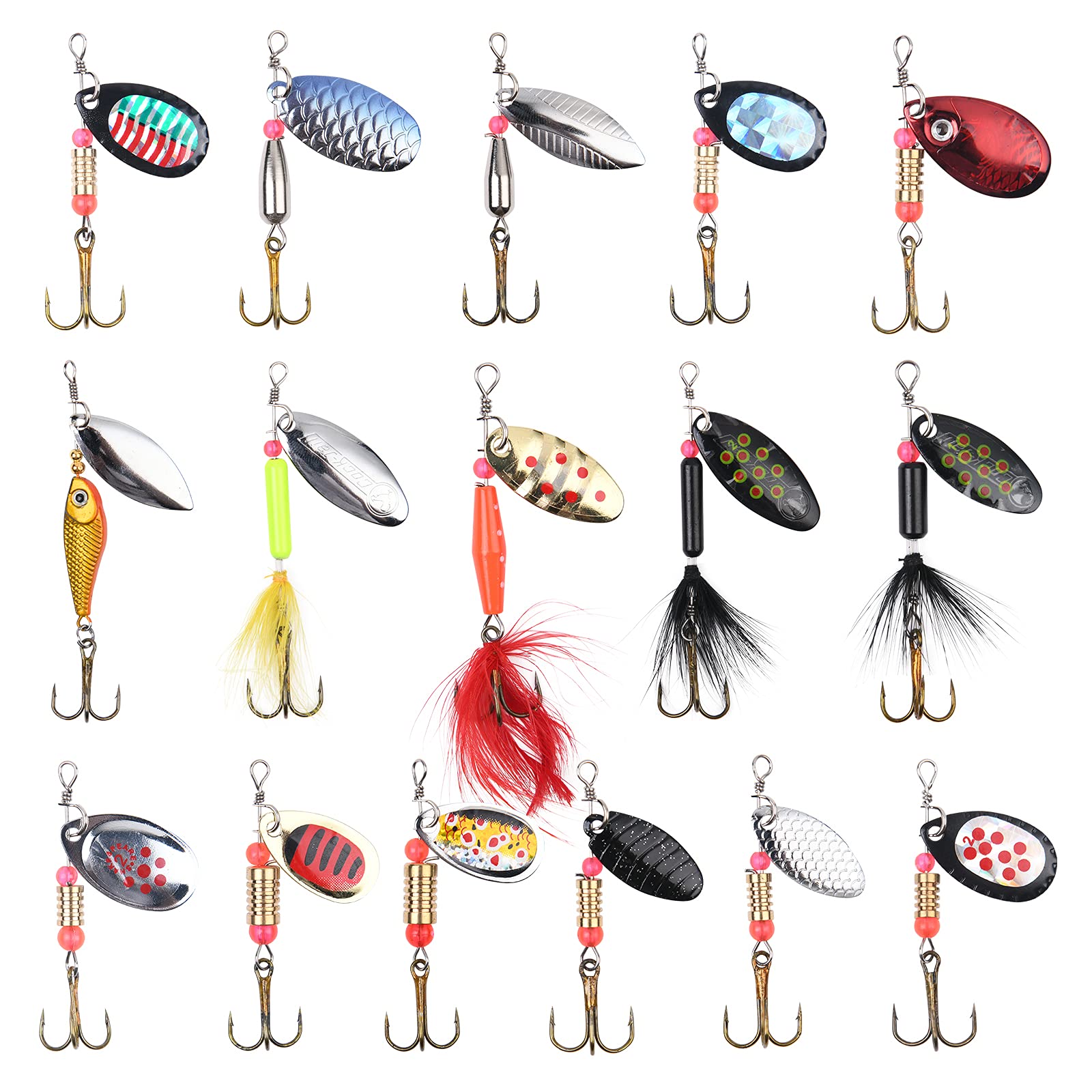 Vicloon Fishing Lures Set, 16 Pcs Fishing Baits Kit - Mixed Spinners, Jig Hooks, Sequins Spinner Lures with Hook, Lifelike Rotating Metal Bait