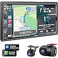 Double Din Car Stereo with Dash Cam - Voice Control Carplay, Android Auto, Steering Wheel Controls, 7" HD Touchscreen, Backup Camera, Bluetooth, Mirror Link, Subw, USB/TF/AUX, AM/FM Radio Receiver