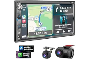 SJOYBRING Double Din Car Stereo with Dash Cam - Voice Control Carplay, Android Auto, Steering Wheel Controls, 7" HD Touchscreen, Backup Camera, Bluetooth, Mirror Link, Subw, USB/TF/AUX, AM/FM Radio Receiver