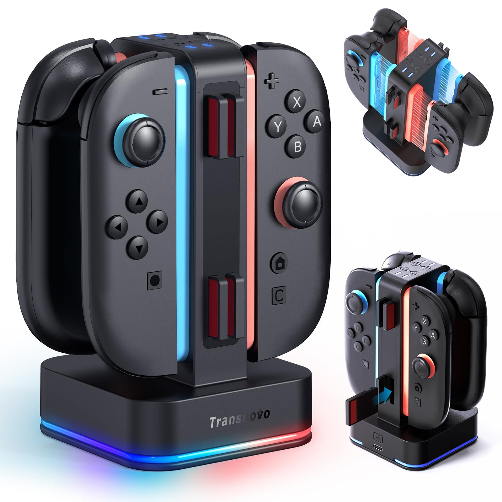 Photo 1 of TRANSNOVO Charging Dock for Nintendo Switch 2 JoyCon, 4-Slot Dual-Side Magnetic Joy-Cons Charger, Patented 8-Slot Game Card Storage, 9-RGB Mode, Circuit Protection, Multiplayer Switch 2 Accessories
