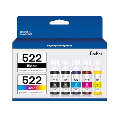 CEEBOO 522 High Capacity (5 Bottles) Refill Ink Bottle Replacement for Epson Compatible 522 Ink Refill Bottles (Not Sublimation Ink) Use for EcoTank ET-2803 ET-2800 ET-2720 ET-4800 Printer