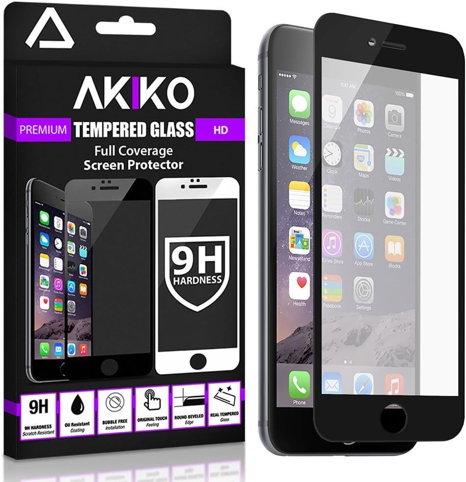 Akiko iPhone 6 6s Plus Black Screen Protector, Akiko New 2.5D Full Screen Tempered Glass Protector [Full Protection Cover w/ Curved Edge] - Retail Packaging