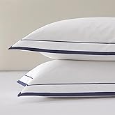 Ranznaz White Pillow Shams Queen Size Set of 2, 100% Cotton Queen Pillow Shams with Navy Embroidered Double Border, Elegant Luxury Hotel Decorative Pillow Cases with Envelpe Closure, 20x30 Inches